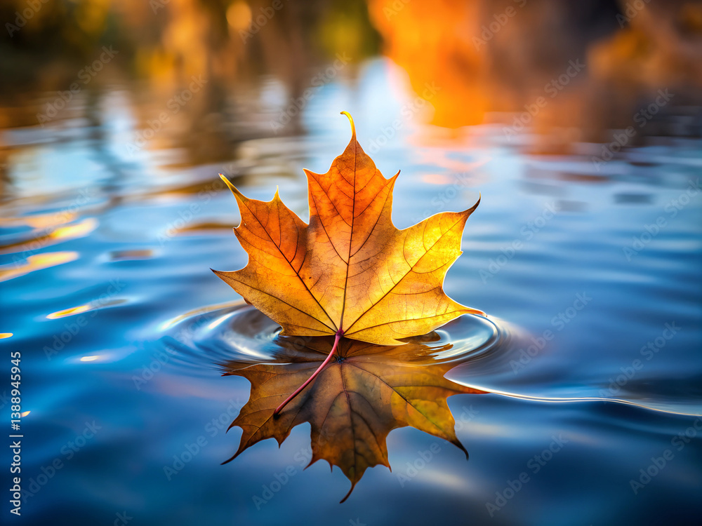 A leaf that is on a water surface. Autumn leaf floating on calm lake. Autumn maple leaf floating on water. A leaf that is on a water surface. Autumn leaf floating on calm lake. Autumn maple leaf floating on water.