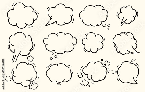 Set of Comic bubble speech, cartoon comic dialog border set, scribble hand drawn style, template and mockup