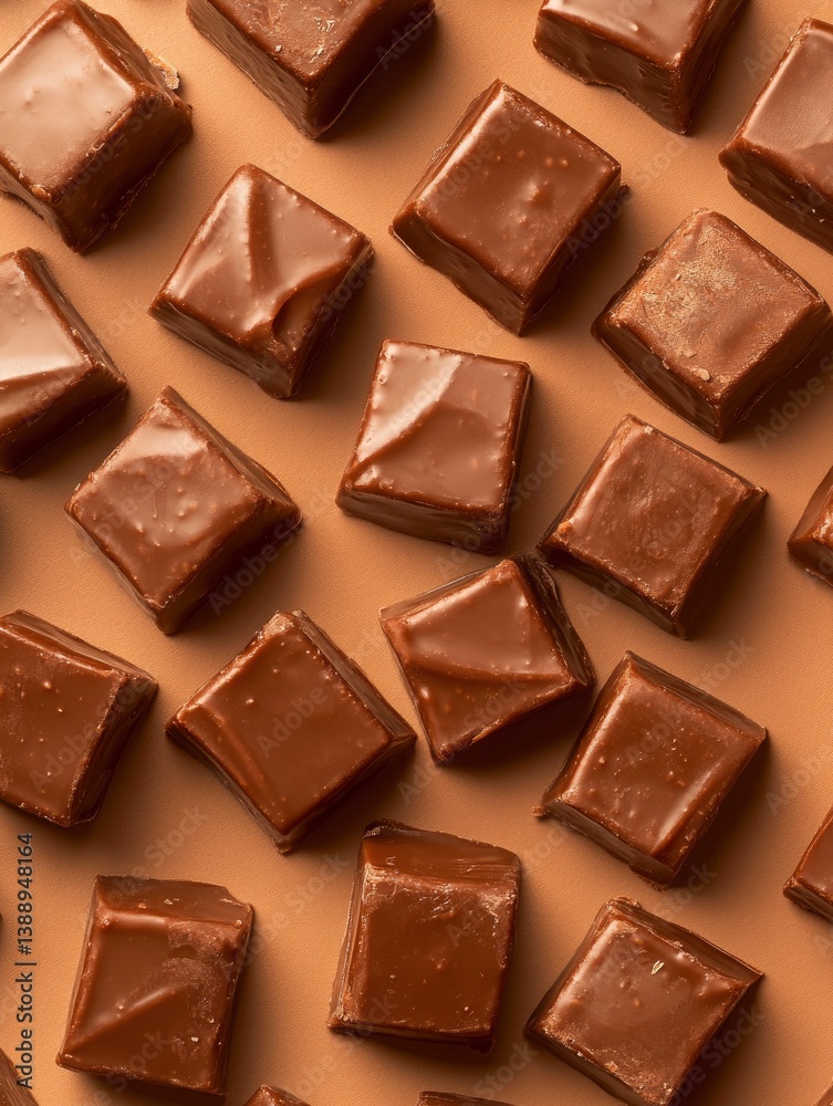 Delicious Chocolate Candy Squares on Tan Background, Sweet Treats Delicious Chocolate Candy Squares on Tan Background, Sweet Treats