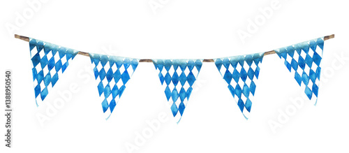Flags on the rope. Blue rhombus on white background triangular pennant. Oktoberfest festival traditional ornament garland. Watercolor painted illustration. Elements of Bavarian flag. Isolated clipart