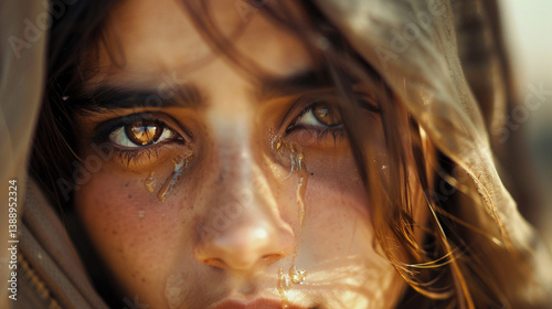 Extreme close-up of a child’s tear-filled eyes, capturing raw emotion and vulnerability. The glistening tears and flushed skin amplify the intensity of sadness or distress war and refugee