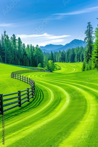 A vibrant green landscape unfolds with a winding path surrounded by tall trees and a wooden fence. Gently rolling hills extend into the distance, creating a serene and picturesque view