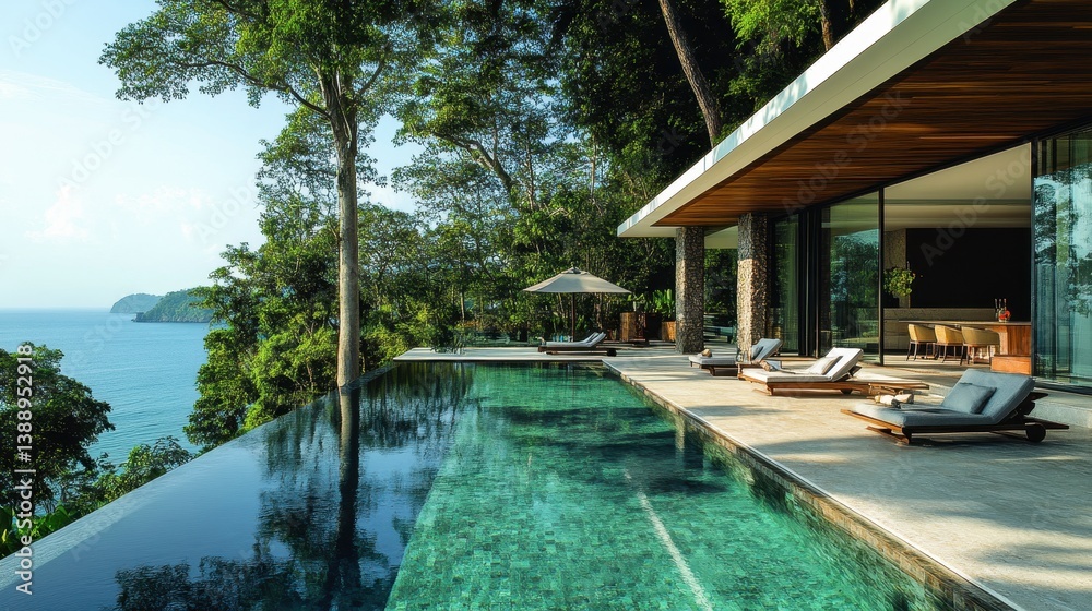 Obraz premium Luxurious modern villa with infinity pool overlooking ocean in tropical forest setting