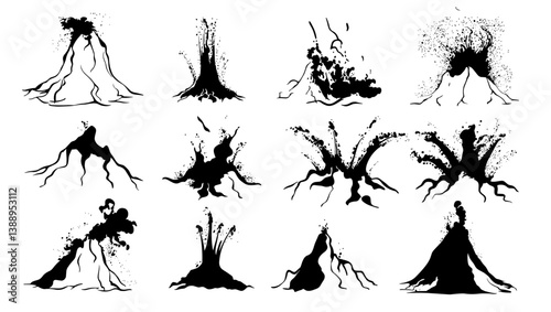 Active volcano with magma and fire. Silhouettes set. Ash eruption fire collection.