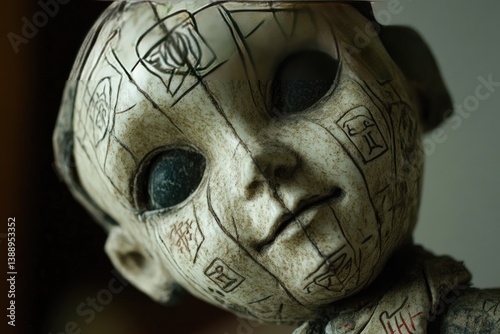 A cursed doll with ancient symbols carved into its porcelain body