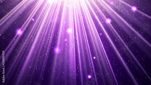 Radiant Light Beams Animation with Sparkling Particles on Purple Background