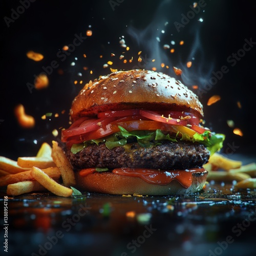 A juicy hamburger with fries, food photography, dark background, explosion of colors, hyper-realistic, close-up shot