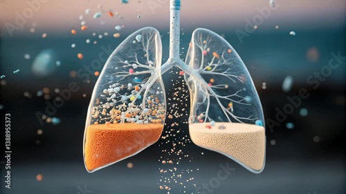 Microplastic pollution concept. A surreal depiction of human lungs, intricately detailed, with colorful particles seemingly escaping from within them, symbolizing breath and pollution.