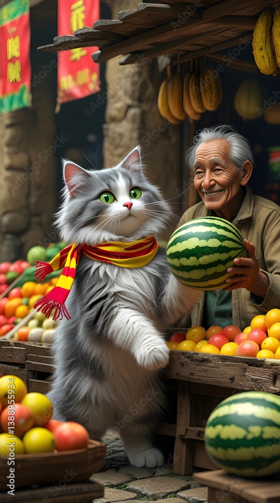 Adorable Grey Cat with Watermelon at Local Fruit Market with Elderly Vendor Adorable Grey Cat with Watermelon at Local Fruit Market with Elderly Vendor