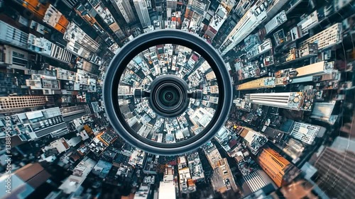 Aerial perspective of cityscape through fisheye lens creating a circular urban pattern