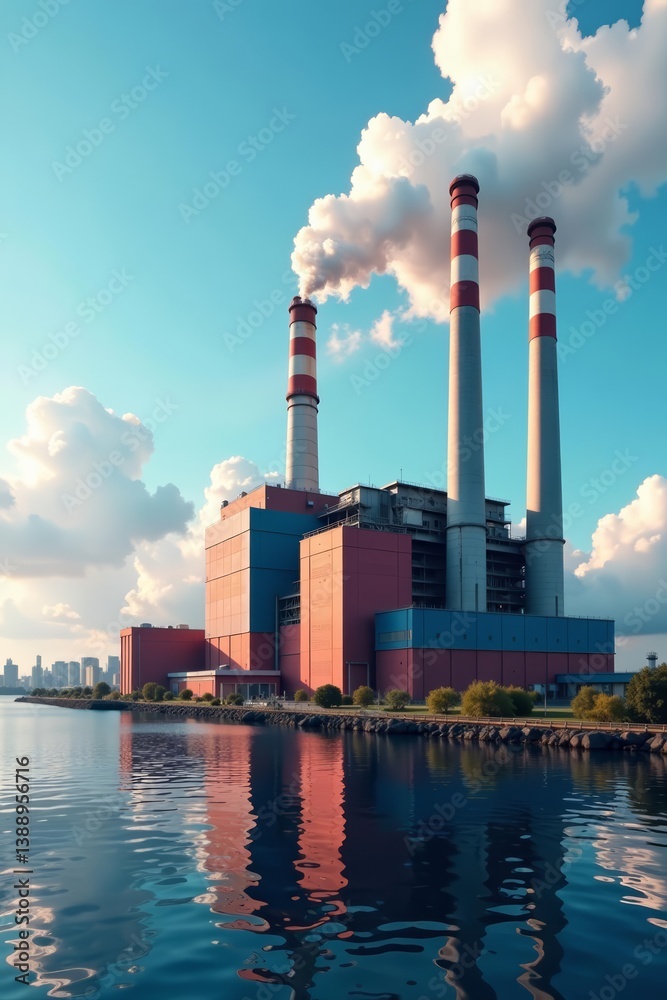 Obraz premium Colorful factory complex with smoke stacks near water, industry, factory, water