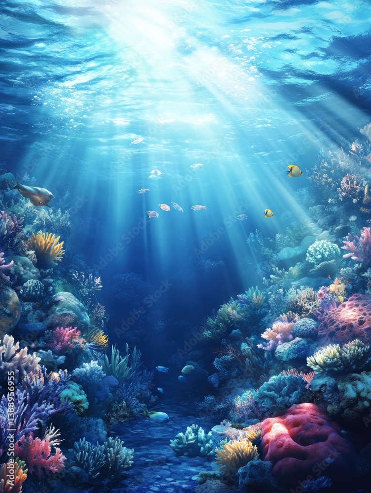Fototapeta premium Exploring Colorful Coral Reef with Sun Rays Underwater and Small Fishes