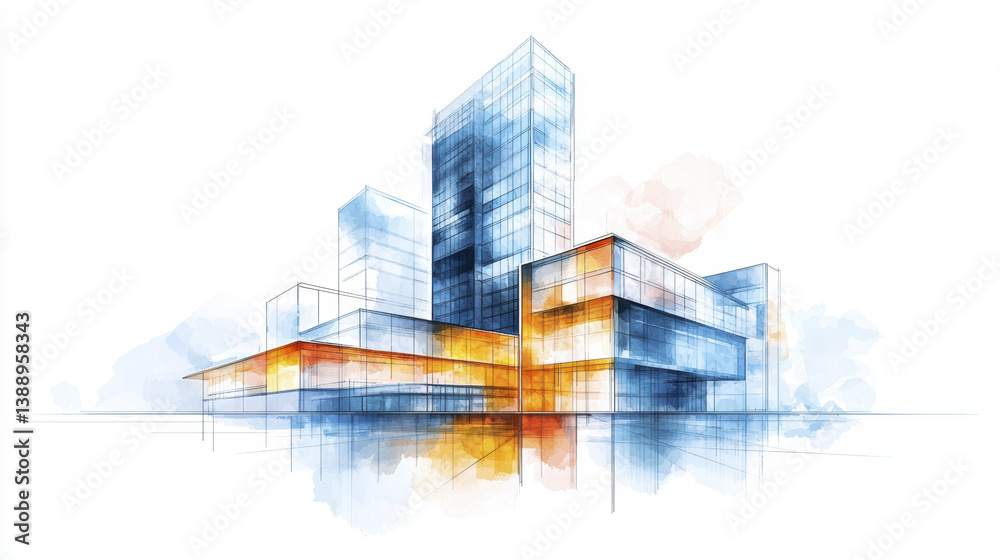 Modern architectural watercolor illustration showcasing urban buildings Modern architectural watercolor illustration showcasing urban buildings