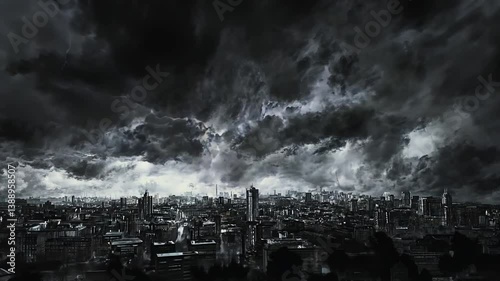 Dramatic Lightning Storm Over Dark Cityscape - Urban Thunderstorm in Night Metropolis