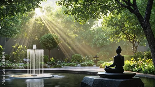 Serene meditation garden with sunlight streaming through trees and calming water feature