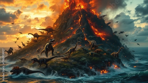 Fototapeta Naklejka Na Ścianę i Meble -  Dramatic Dinosaur Escape from Erupting Volcano Island at Sunset