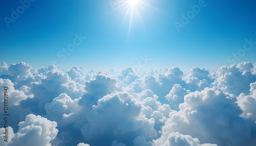 Aerial View: Sunlit Cumulus Cloudscape, Bright Blue Sky