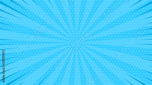 Comic pop art background. Vintage retro design. Blue radial backdrop with halftone elements and bubble.