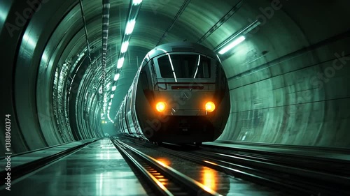 Modern High-Speed Train Entering a Lit Tunnel, Futuristic Transportation Concept