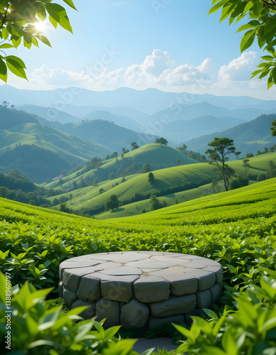 Serene Stone Pedestal in Lush Green Tea Plantation, Mountain Panorama
