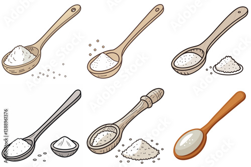 Collection of Wooden Spoons Filled with Powdered Substances Various Types of Spoons and Spices