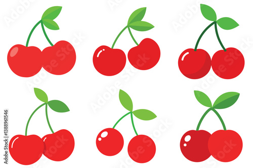Collection of Six Pairs of Red Cherries with Green Leaves Illustration