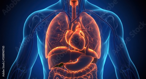 3D x-ray style medical illustration of human torso with glowing heart and lungs on blue background