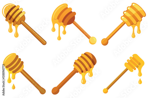 Collection of Honey Dripping from Wooden Honey Dippers Spoons Set of Six