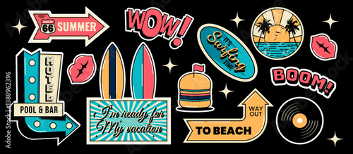 Retro summer party or vacation sticker set. Motel signboard, cactus, burger, lips, palm trees and more. Vector illustration on black background