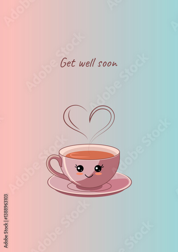 Get well soon vector with cute cartoon cup of hot tea, kawaii style. Ideal for health tips, recovery cards, wellness blogs or seasonal cold and flu content.