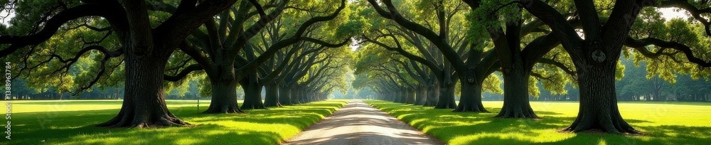 Grand oak trees line long driveway, antebellum architecture , leaves, tourism