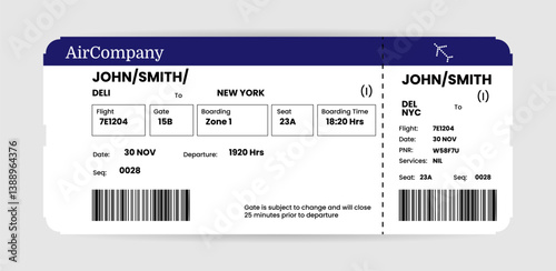 Airplane ticket. Boarding pass ticket template. Airline boarding pass template. Air ticket icon. Vector illustration