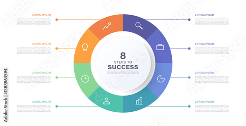 8 Part Pie Chart Infographic Template With Thin Icons And Text
