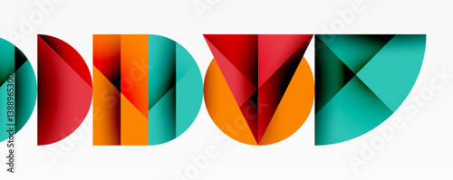 Abstract geometric shapes, vibrant colors, overlapping layers, modern design, artistic composition, dynamic arrangement, visual elements, bright palette, clean lines, bold forms.