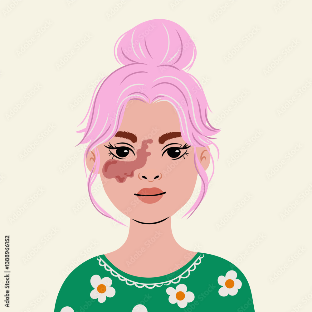 Port wine stain on the face of the child and adult .Diverse beauty , young woman with Birthmark on face , hand drawn flat illustration isolate on white . Port wine stain on the face of the child and adult .Diverse beauty , young woman with Birthmark on face , hand drawn flat illustration isolate on white .