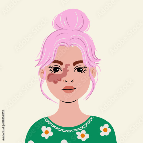 Port wine stain on the face of the child and adult .Diverse beauty , young woman with Birthmark on face , hand drawn flat illustration isolate on white .