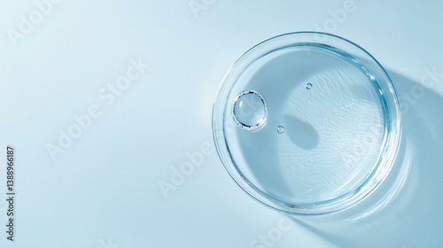 Close-up of a petri dish with a single drop of water on it. the dish is round and transparent, with a smooth surface.