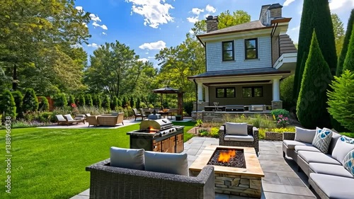 Luxury outdoor living space with fire pit, grill, and seating area on a sunny day