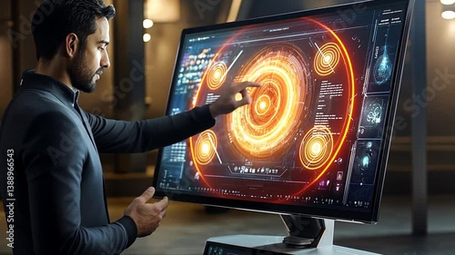 Engineer interacting with futuristic holographic interface on a large touchscreen display