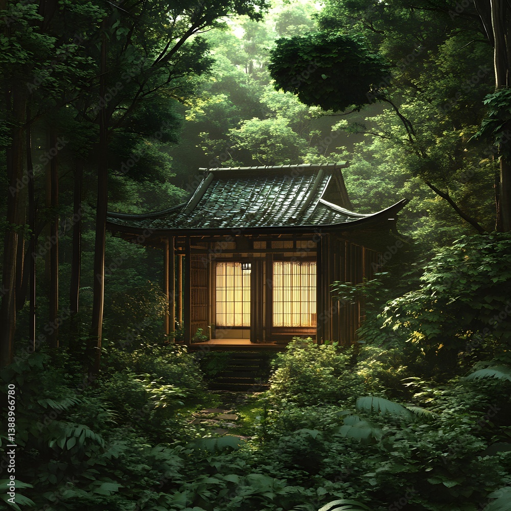 Misty forest, tranquil Japanese tea house Misty forest, tranquil Japanese tea house
