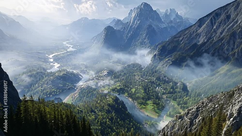 Breathtaking Mountain Landscape with River and Lush Greenery from Rocky Peak View