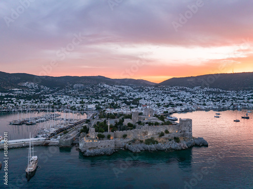 Fototapeta Naklejka Na Ścianę i Meble -  Bodrum  Castle nd City Drone Photo, Bodrum Beach and Marina, Bodrum Mugla, Turkiye (Turkey)