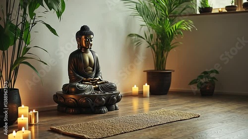 Peaceful Meditation space with a Buddha statue, candles, and calming plants indoors