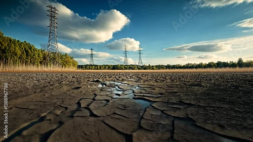 Dry cracked earth with water puddle reflections and power towers against a blue sky
