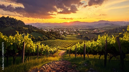 Captivating sunset over picturesque vineyard landscape with rolling hills panorama view