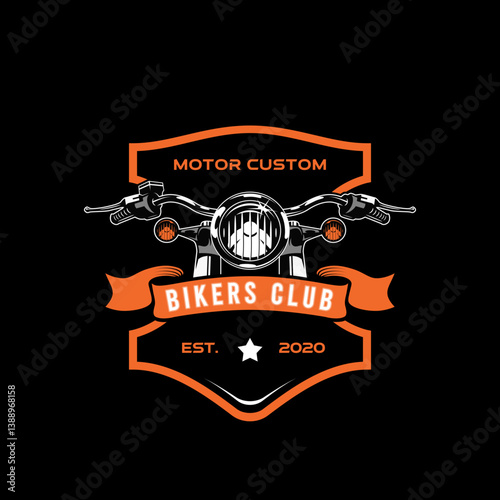 The vintage-style logo for "Biker Club" features a front view of a motorcycle with handlebars, headlight and orange signal lights. Suitable for a brand focused on motorcycle expeditions or touring.