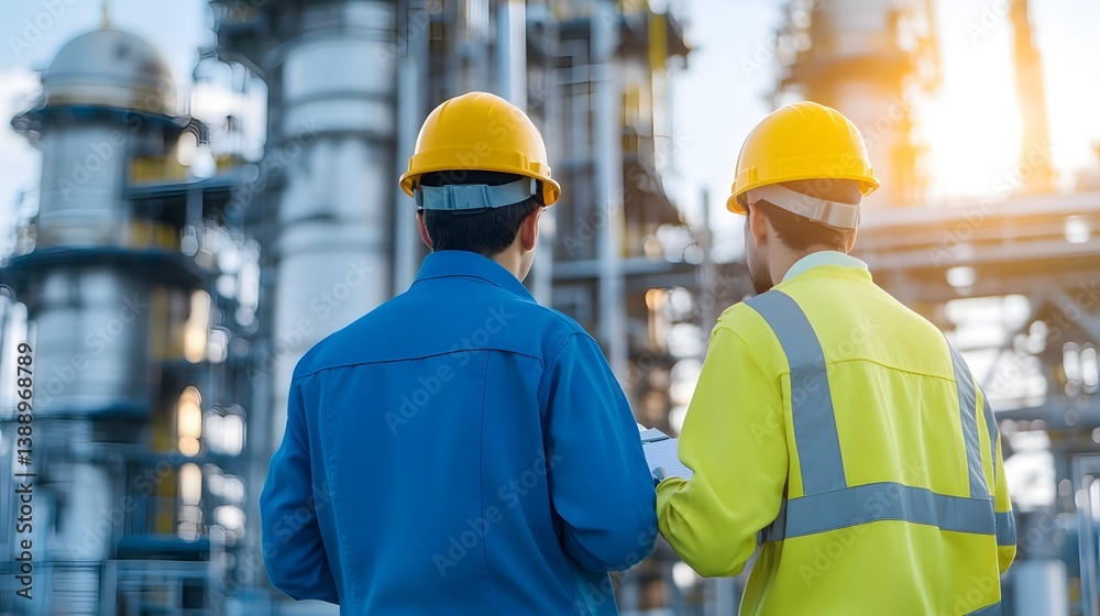 Two Engineers Wearing Safety Gear Discussing Refinery in Energy Industry Two Engineers Wearing Safety Gear Discussing Refinery in Energy Industry