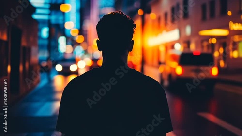 Silhouette of a Man Standing on a City Street at Night with Bokeh Lights Effect
