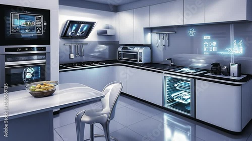 Futuristic Kitchen Interior Design with Advanced Technology and Sleek White Aesthetics