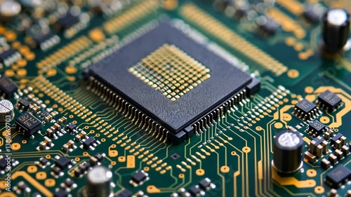 Detailed view of a modern CPU on a circuit board revealing complex architecture